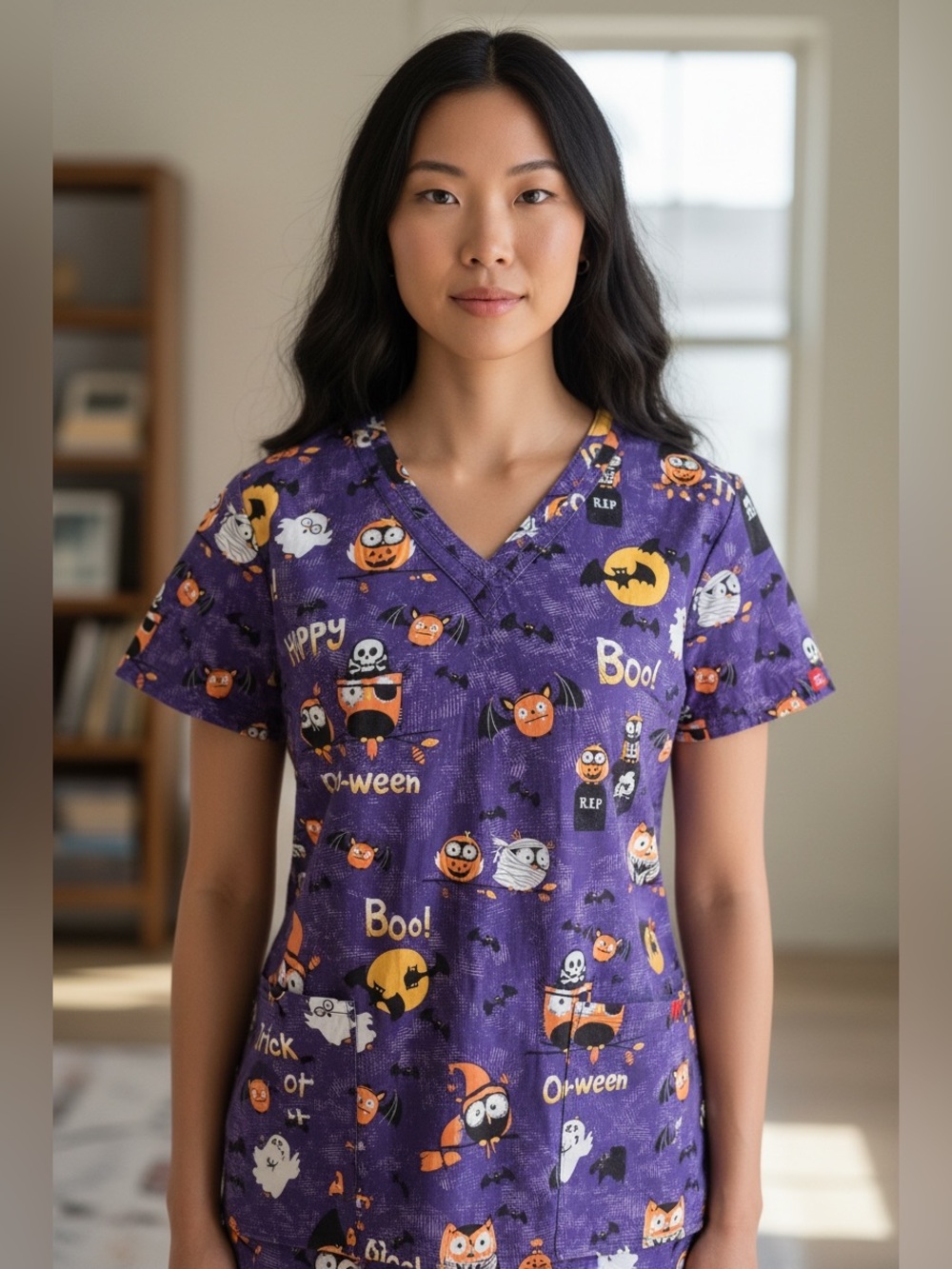 Dickies Purple Halloween Owl Print Scrub Top Medium